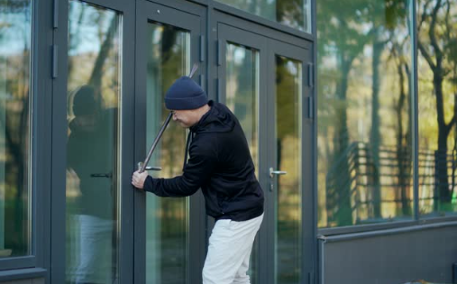  masked robber attempting to break into a commercial building at night, using tools to force open a locked store front door under dim security lighting.