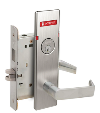 A commercial mortise lock with a brushed stainless steel finish, featuring a lever handle and an occupancy indicator showing 'OCCUPIED.' The lock includes a keyhole for manual access and a heavy-duty latch mechanism for secure operation