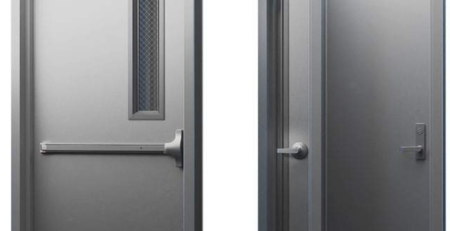 The image shows three commercial steel doors side by side. Each door has a slightly different design: Left Door: A solid steel door with a small, rectangular, wire-reinforced glass window near the top. It features a horizontal push bar, indicating it may be an emergency exit or fire-rated door. Middle Door: A steel door with a large, clear glass window, framed in metal. It has a standard lever-style handle. Right Door: A plain steel door with no windows or additional features, equipped with a simple lever handle.