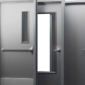 The image shows three commercial steel doors side by side. Each door has a slightly different design: Left Door: A solid steel door with a small, rectangular, wire-reinforced glass window near the top. It features a horizontal push bar, indicating it may be an emergency exit or fire-rated door. Middle Door: A steel door with a large, clear glass window, framed in metal. It has a standard lever-style handle. Right Door: A plain steel door with no windows or additional features, equipped with a simple lever handle.