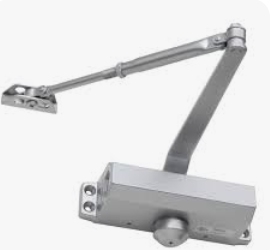 Dorex A silver surface-mounted door closer with an adjustable arm, designed for controlling door closing speed and ensuring smooth, automatic closure. Suitable for commercial, residential, and industrial applications.