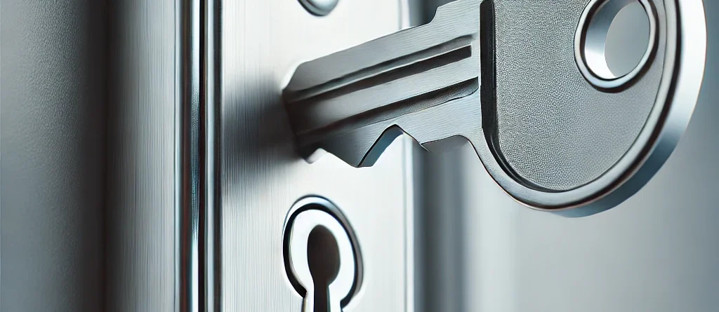 Close-up of a key inserted into a lock, symbolizing security and access control