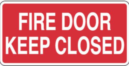 A rectangular red sign with white text that reads 'FIRE DOOR KEEP CLOSED.' The sign has a bold, capitalized font for clear visibility and is outlined with a thin black border.