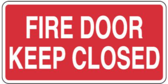 A rectangular red sign with white text that reads 'FIRE DOOR KEEP CLOSED.' The sign has a bold, capitalized font for clear visibility and is outlined with a thin black border.