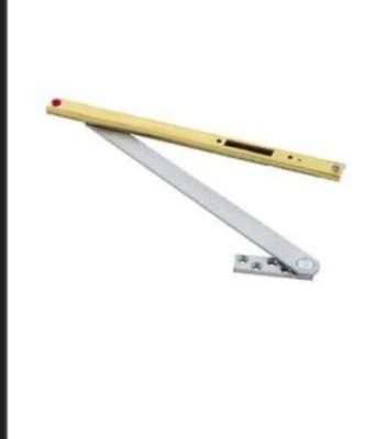 Concealed overhead stop mechanism with a brass mounting channel and a silver metal arm.