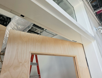 Interior door frame with concealed overhead stop mechanism discretely integrated into the frame header.