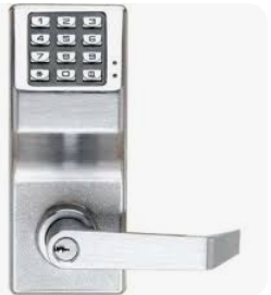 Silver keypad lock with keyed entry option.