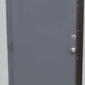 Single steel door reinforced with a security astragal installed along the latch side.