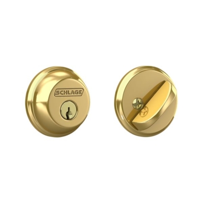 Polished brass Schlage single-cylinder deadbolt lock, exterior and interior view