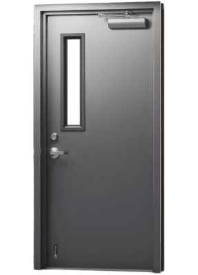Commercial hollow metal door with vision lite installed in a school hallway
