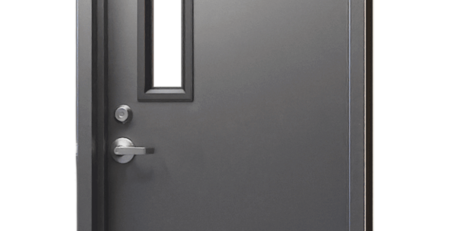 Commercial hollow metal door with vision lite installed in a school hallway