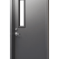 Commercial hollow metal door with vision lite installed in a school hallway