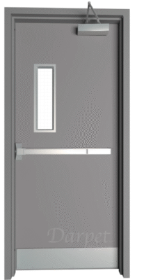 Commercial steel door with panic hardware, vision panel, and door closer