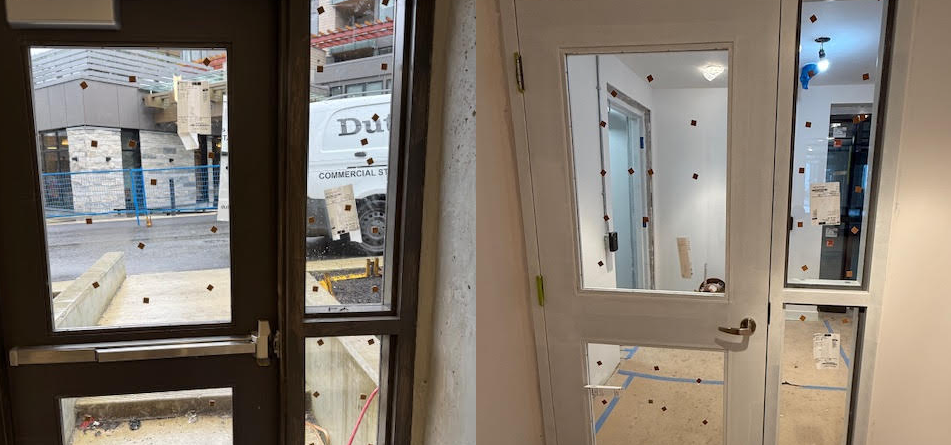 commercial steel door glass installation in existing door vision panel and sidelight by Dutch Door Hardware