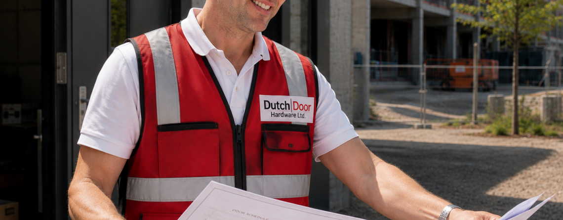 Kyle from Dutch Door Hardware reviewing commercial door plans on a construction site while wearing a red high-visibility safety vest.