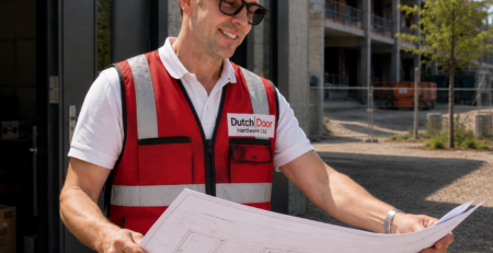 Kyle from Dutch Door Hardware reviewing commercial door plans on a construction site while wearing a red high-visibility safety vest.