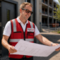 Kyle from Dutch Door Hardware reviewing commercial door plans on a construction site while wearing a red high-visibility safety vest.