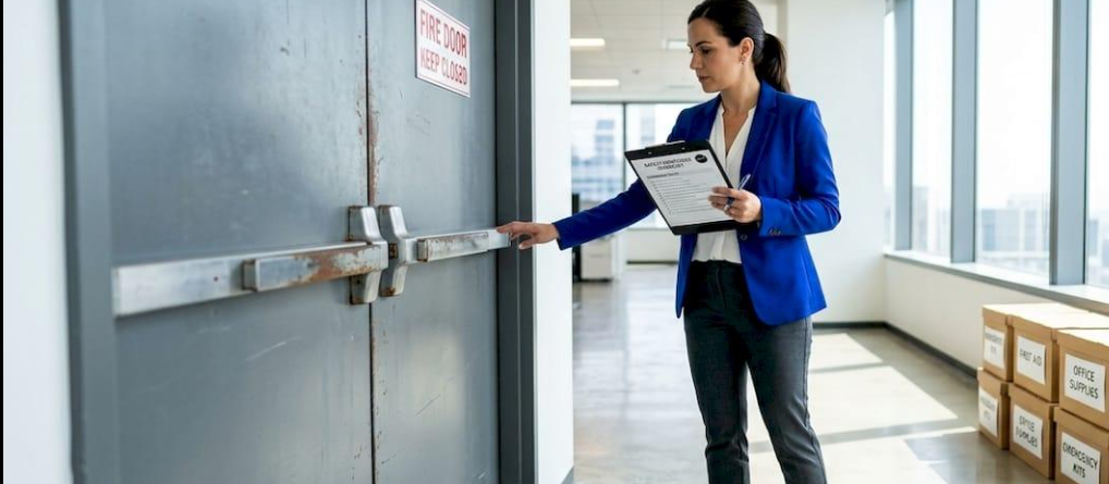 Property manager inspecting commercial door maintenance in Vancouver
