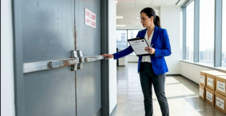 Property manager inspecting commercial door maintenance in Vancouver